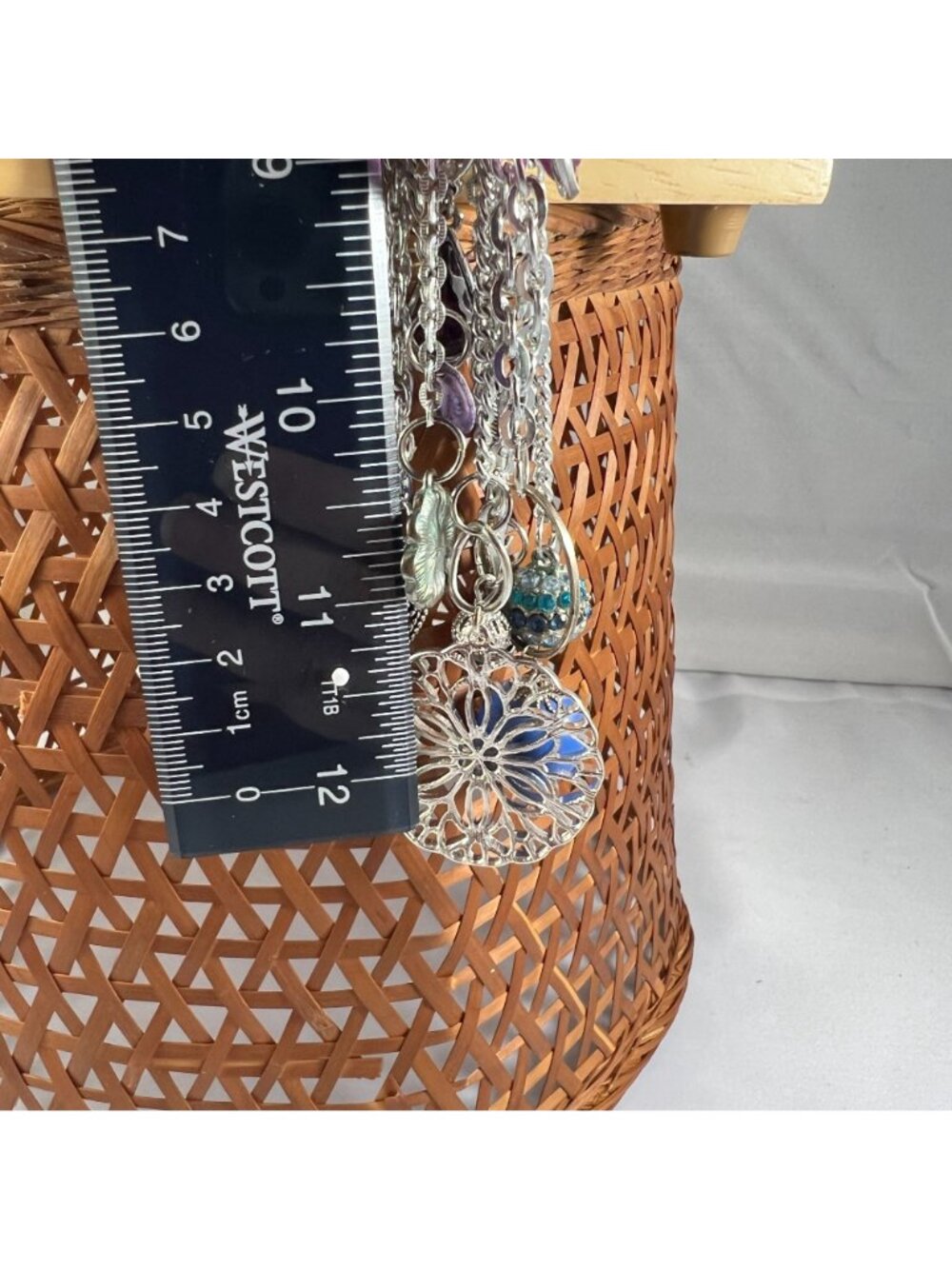Silver Tone Multi-Chain Keychain Charm With Beads Pearls & Filigree Flower Penda - Picture 5 of 5